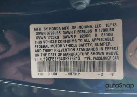 2013 Honda Civic Ex-L z USA, uszkodzony, nr VIN 19XFB2F94DE279813